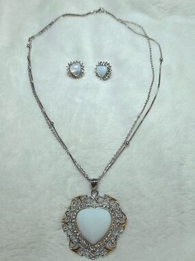Opalite & White Austrian Crystal Heart Pendant Necklace & Earring Set